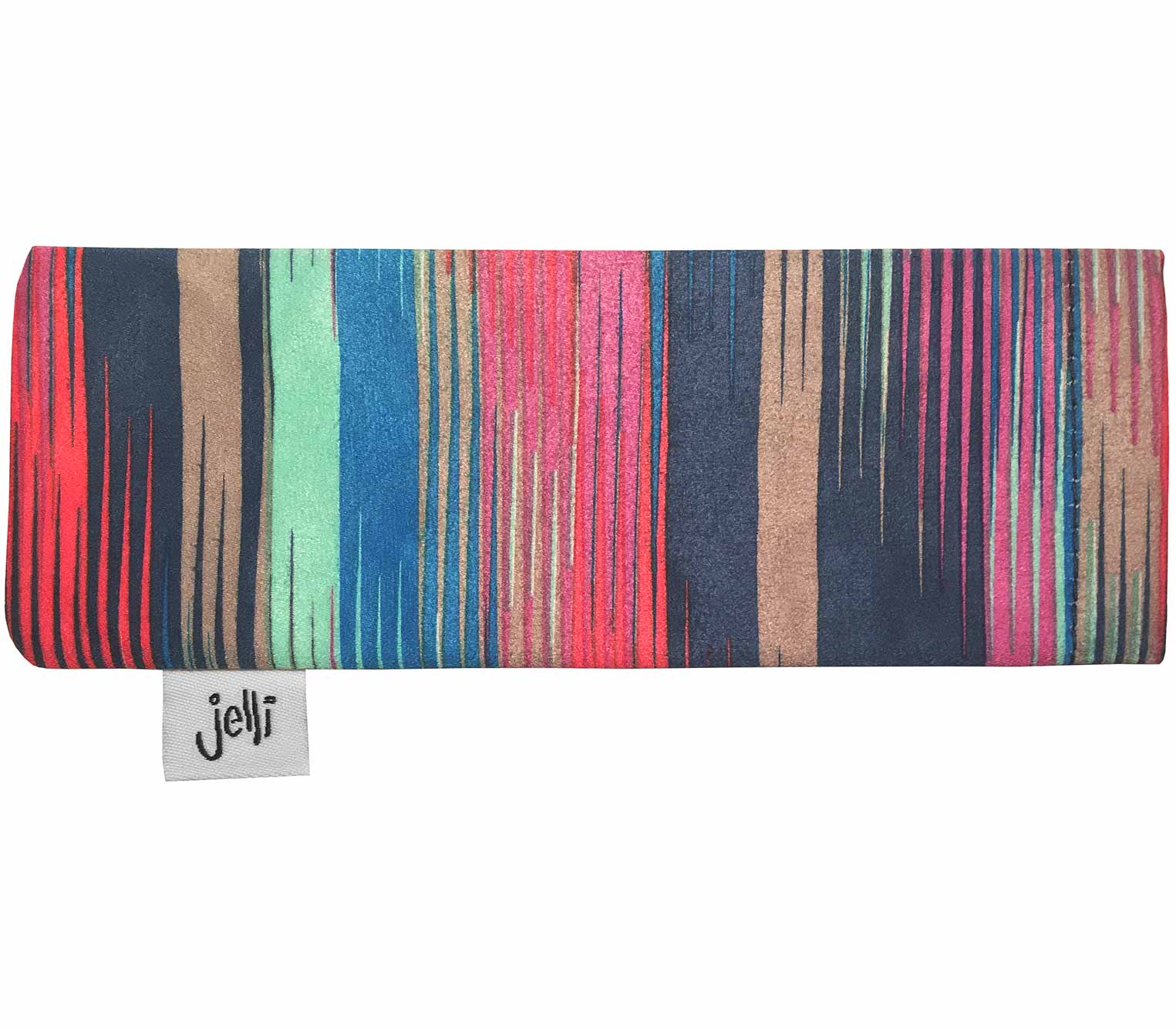 Striped multicoloured soft glasses pouch with Jelli branding.