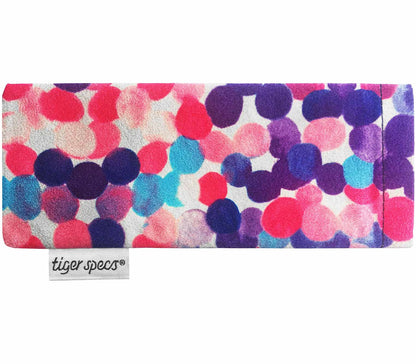 Tiger Specs branded soft glasses pouch with spotty pink and blue pattern.