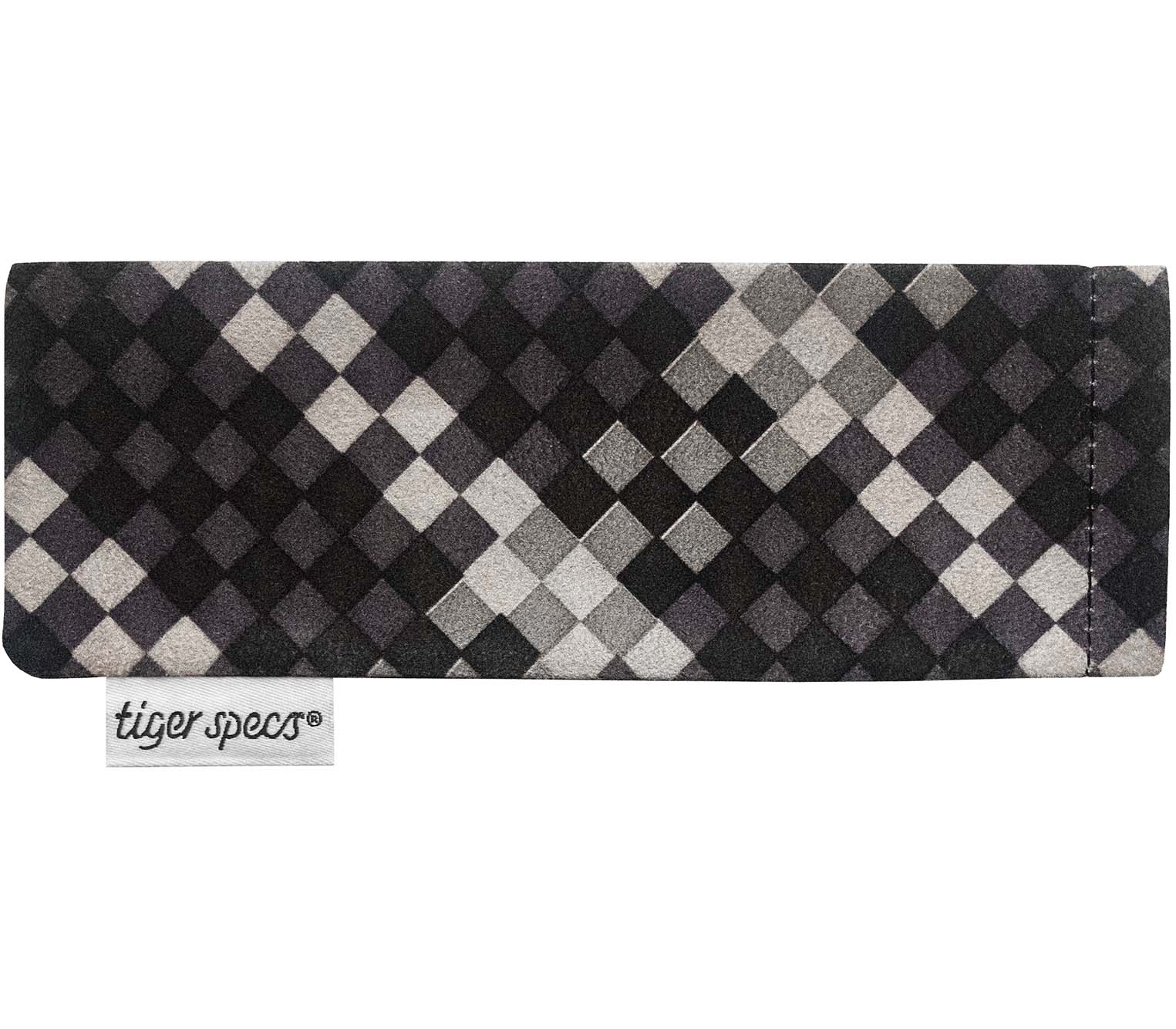 Black and white check soft glasses pouch with Tiger Specs branding.