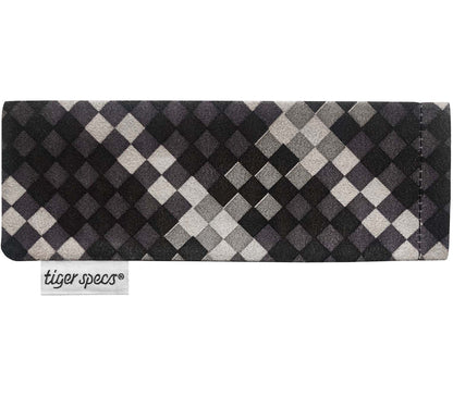 Black and white check soft glasses pouch with Tiger Specs branding.
