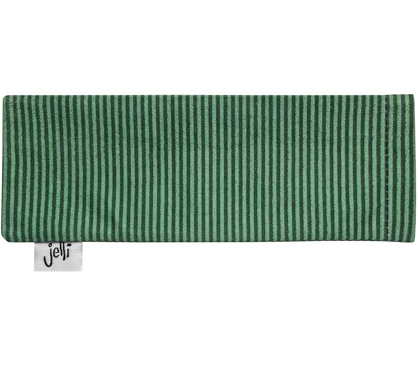 Green striped soft glasses pouch with Jelli branding.