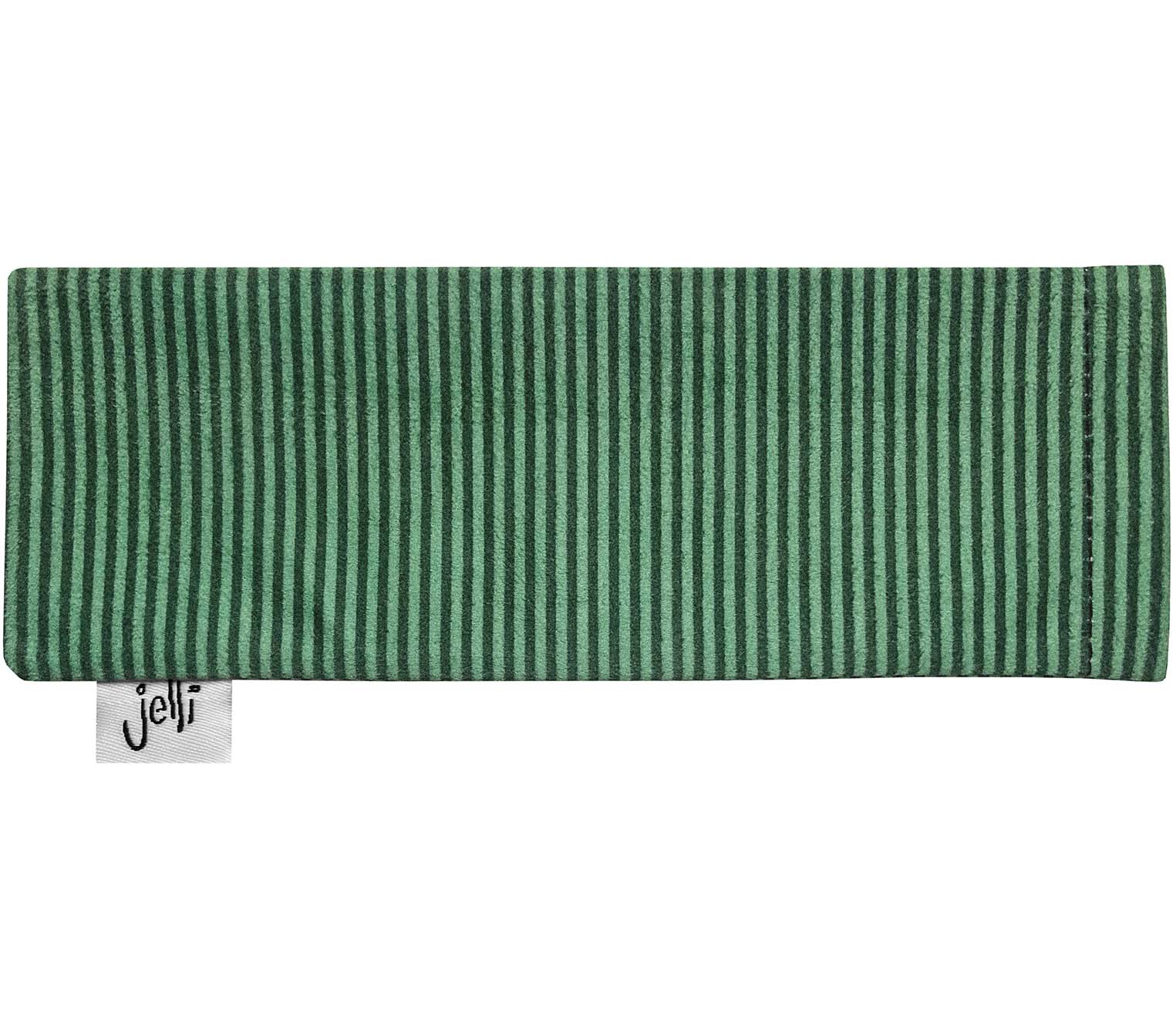 Green striped soft glasses pouch with Jelli branding.
