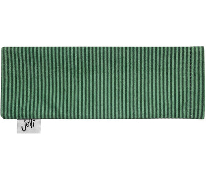 Green striped soft glasses pouch with Jelli branding.