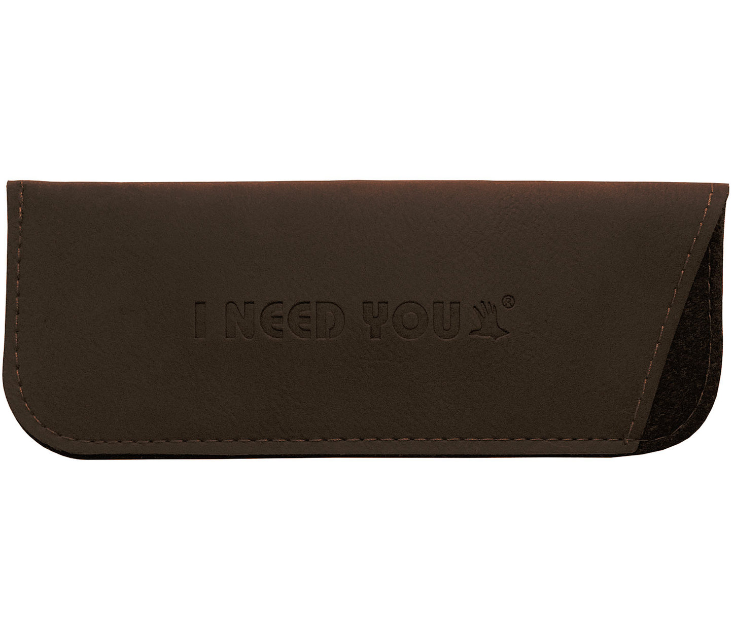 Brown faux leather glasses pouch with I Need You branding.