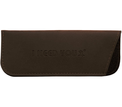 Brown faux leather glasses pouch with I Need You branding.