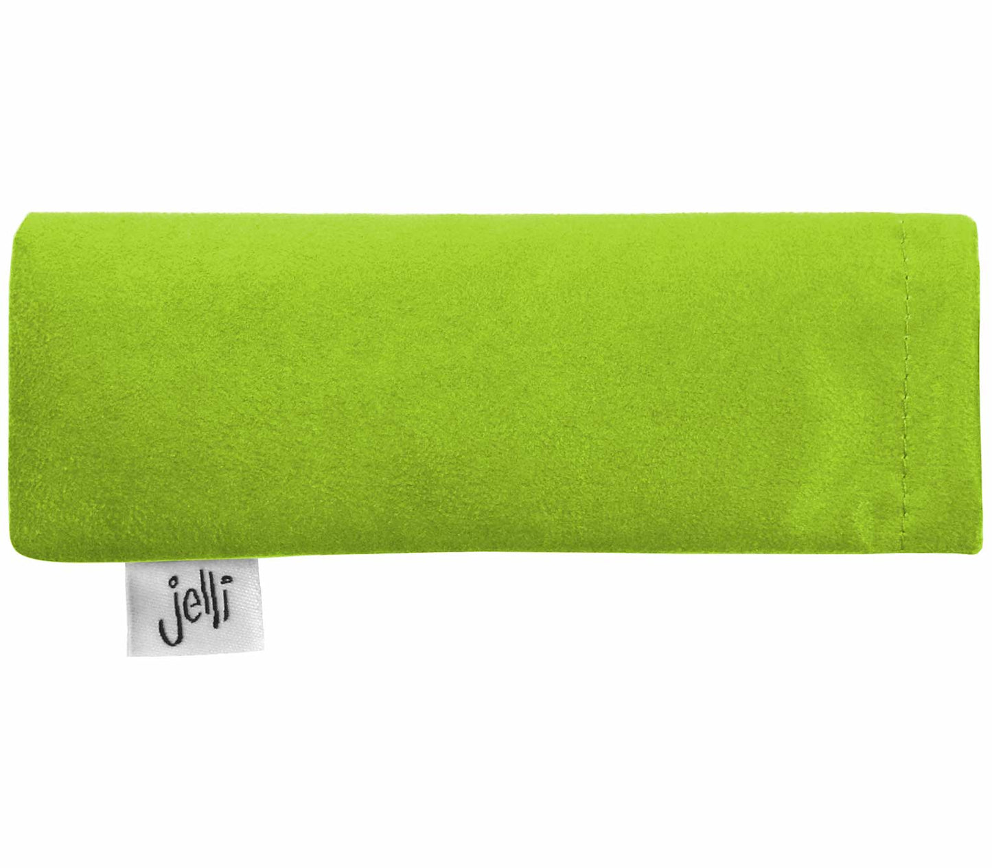 Soft bright green glasses pouch with Jelli branding.