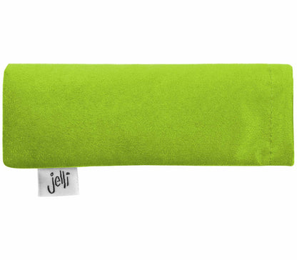 Soft bright green glasses pouch with Jelli branding.