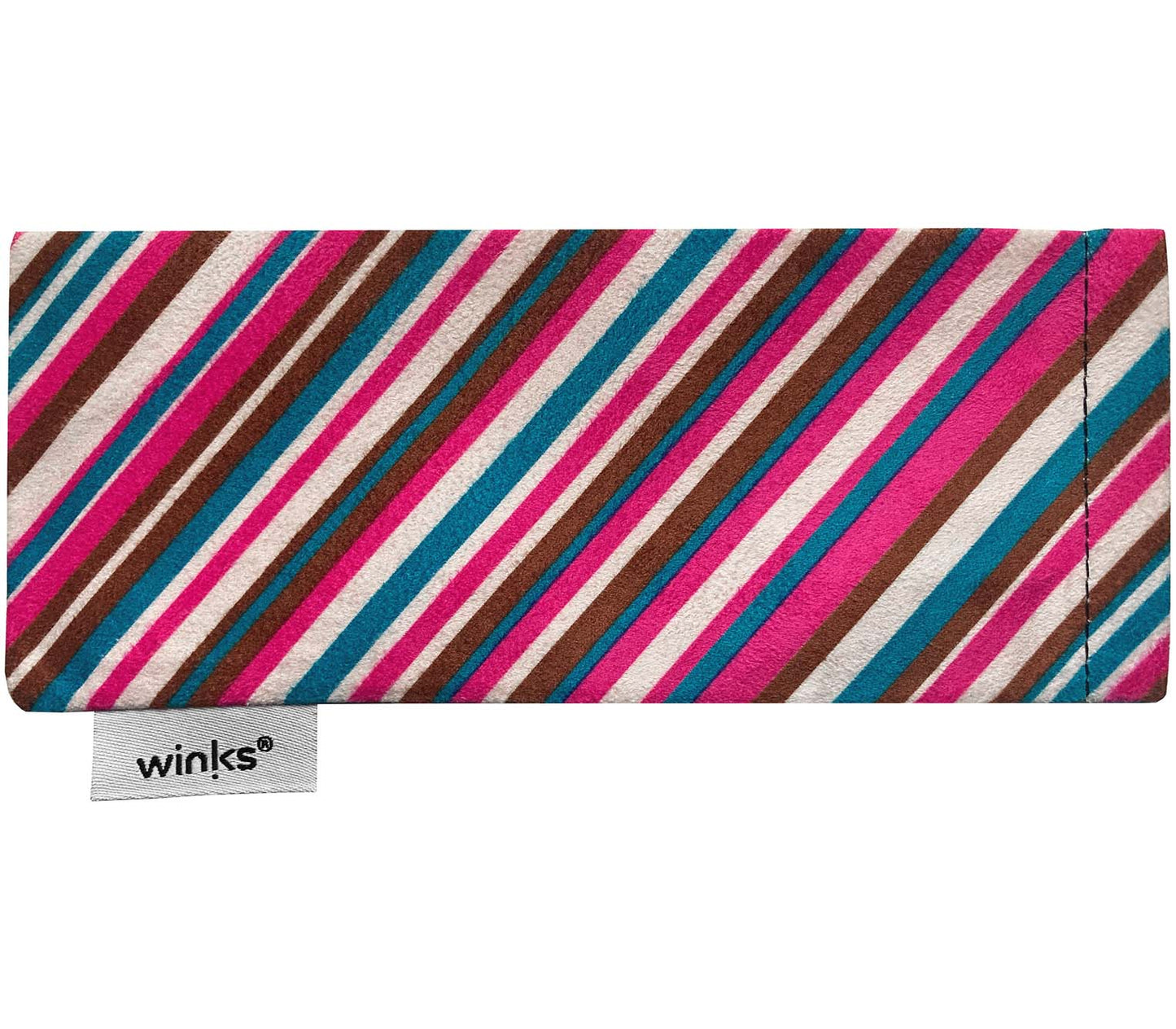 Pink and turquoise striped soft glasses pouch for Sienna (Purple) bifocal reading sunglasses.