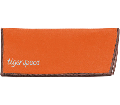Bright orange soft glasses case with brown edge and Tiger Specs branding.