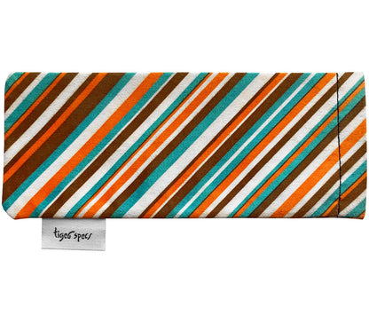 Orange, brown and turquoise striped soft glasses pouch with Tiger Specs branding.