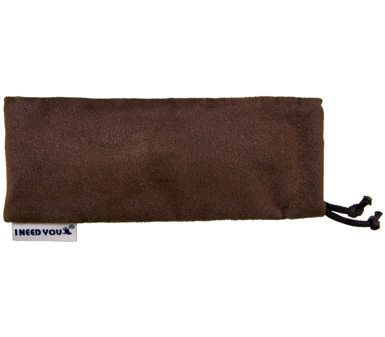 Brown soft glasses pouch with I Need You branding.