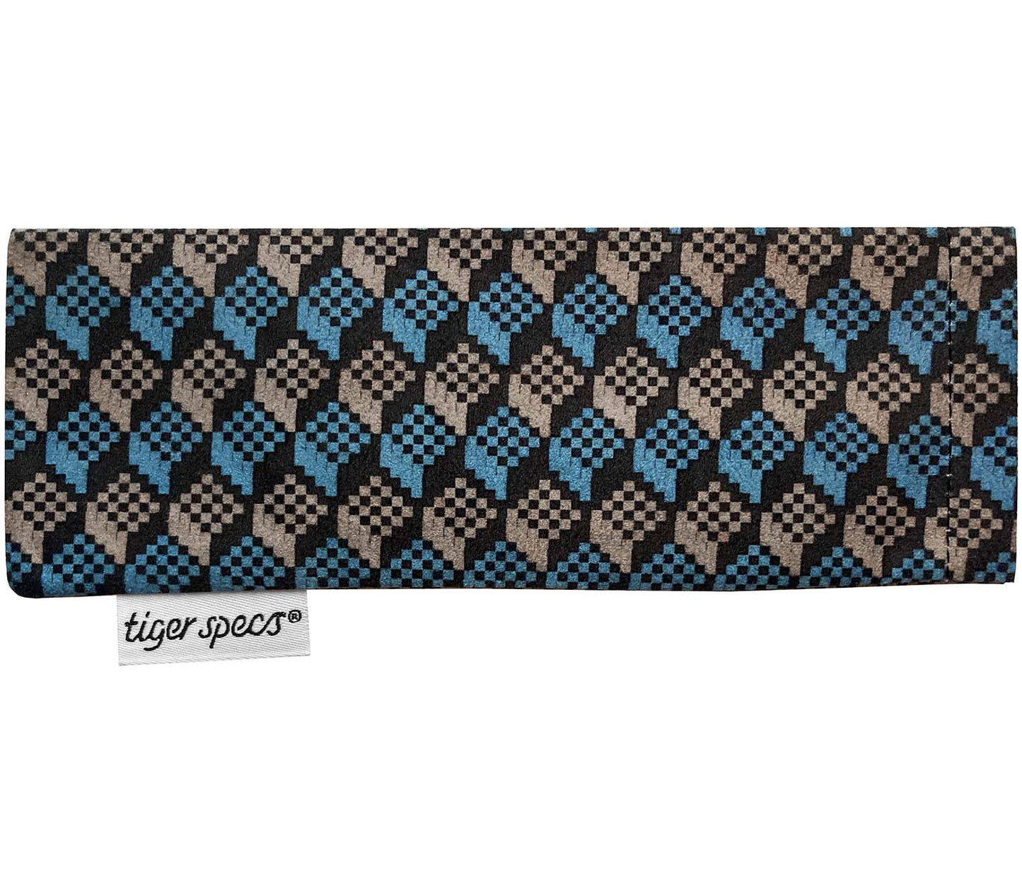 Blue and grey brick pattern soft glasses pouch with Tiger Specs branding.