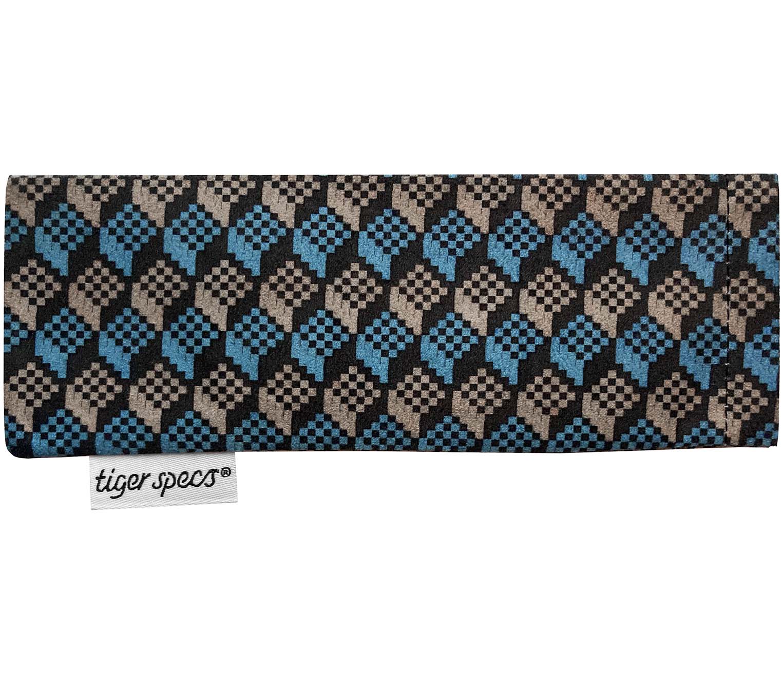 Blue and grey brick pattern soft glasses pouch with Tiger Specs branding.
