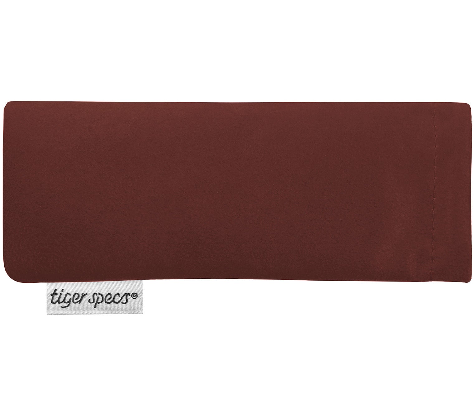 Dark brown faux suede soft glasses pouch with Tiger Specs branding.