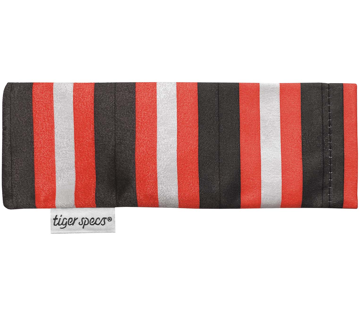 Grey, red and white striped, soft glasses pouch with Tiger Specs branding.