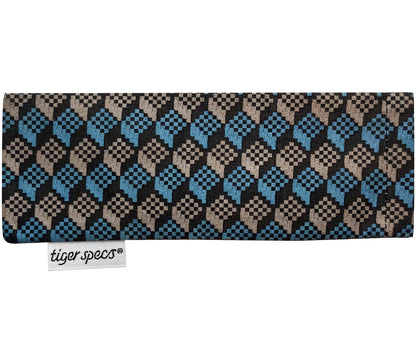 Blue and grey brick pattern soft glasses pouch with Tiger Specs branding.