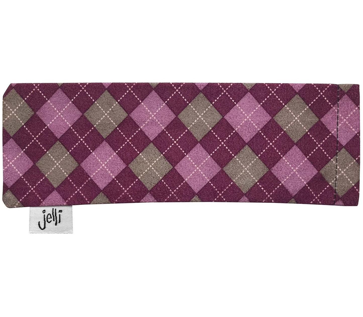 Purple tartan style soft glasses pouch with Jelli branding.