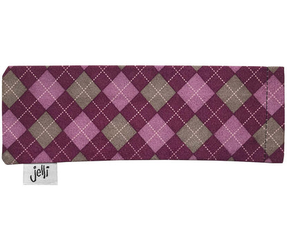 Purple tartan style soft glasses pouch with Jelli branding.