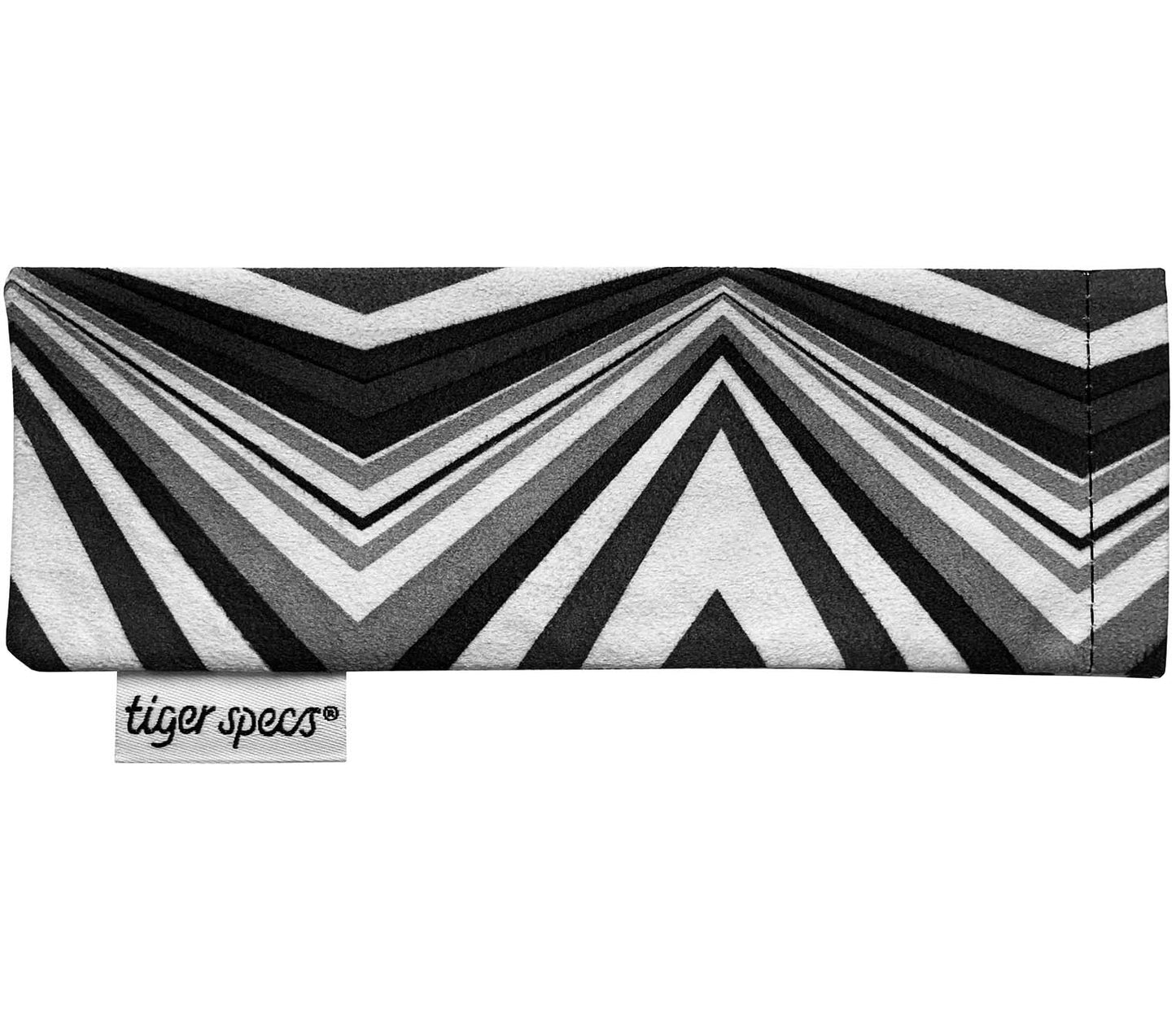 Black and white chevron pattern soft glasses pouch with Tiger Specs branding.