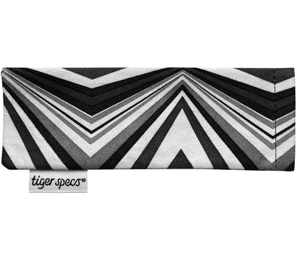 Black and white chevron pattern soft glasses pouch with Tiger Specs branding.
