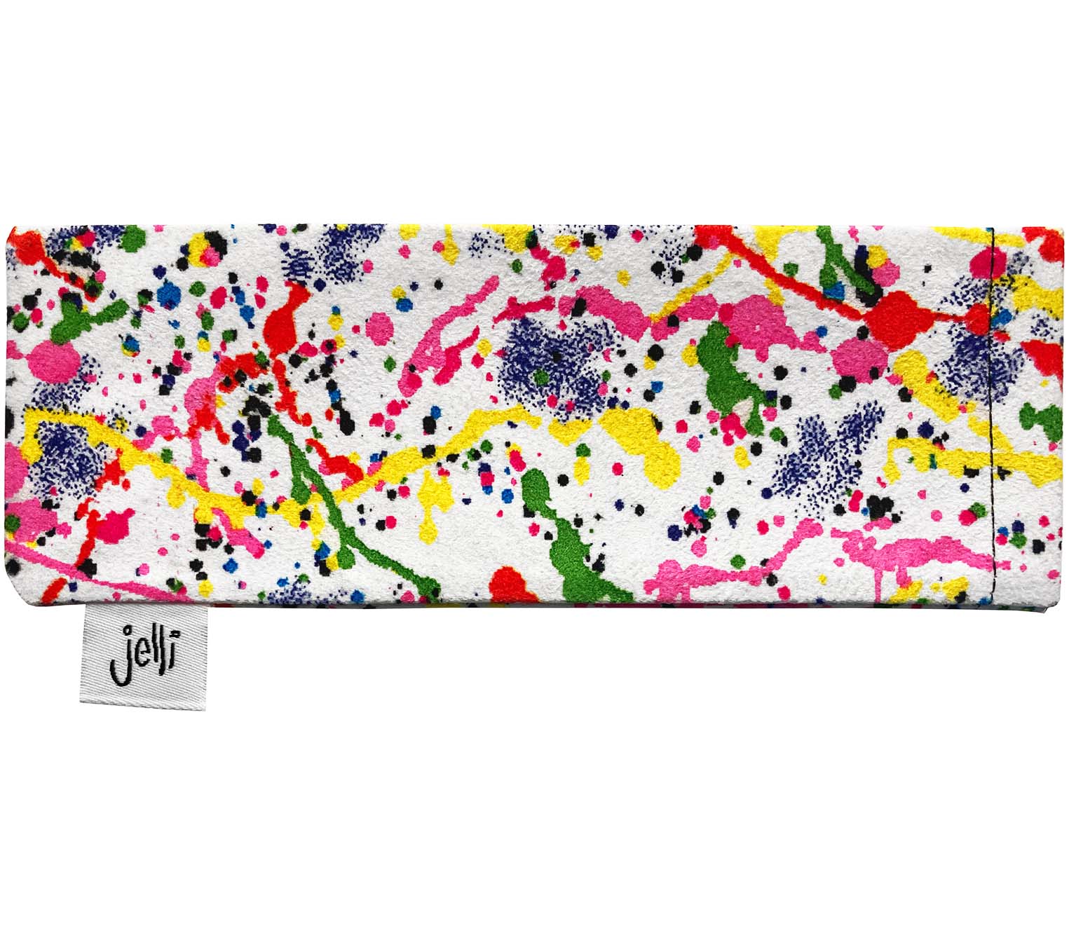 Multi-coloured paint splash patterned soft glasses pouch with Jelli branding.