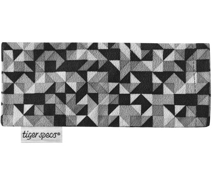 Geometric, soft suede glasses pouch for Chicago (Grey Tortoise) reading glasses.