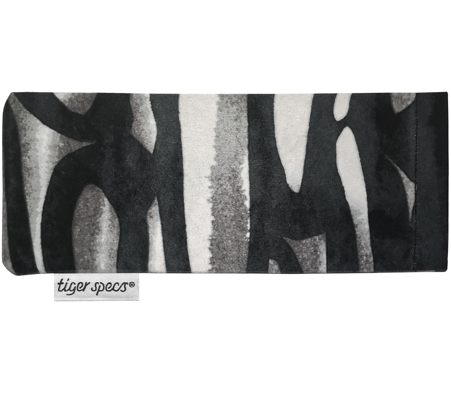 Zebra style print soft glasses pouch with Tiger Specs branding.