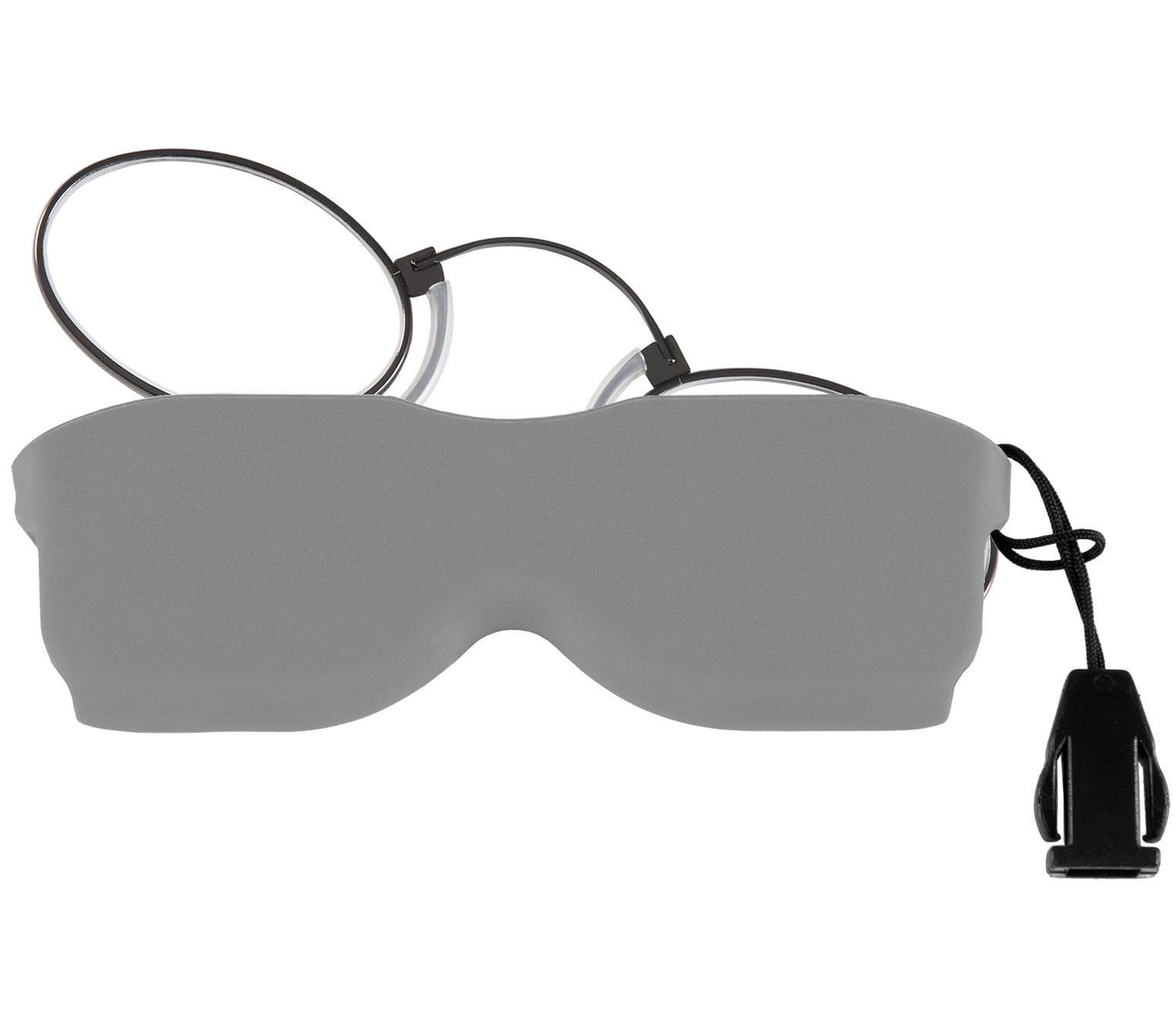 Clipper (Gunmetal) unisex pince nez reading glasses with grey case and lanyard.
