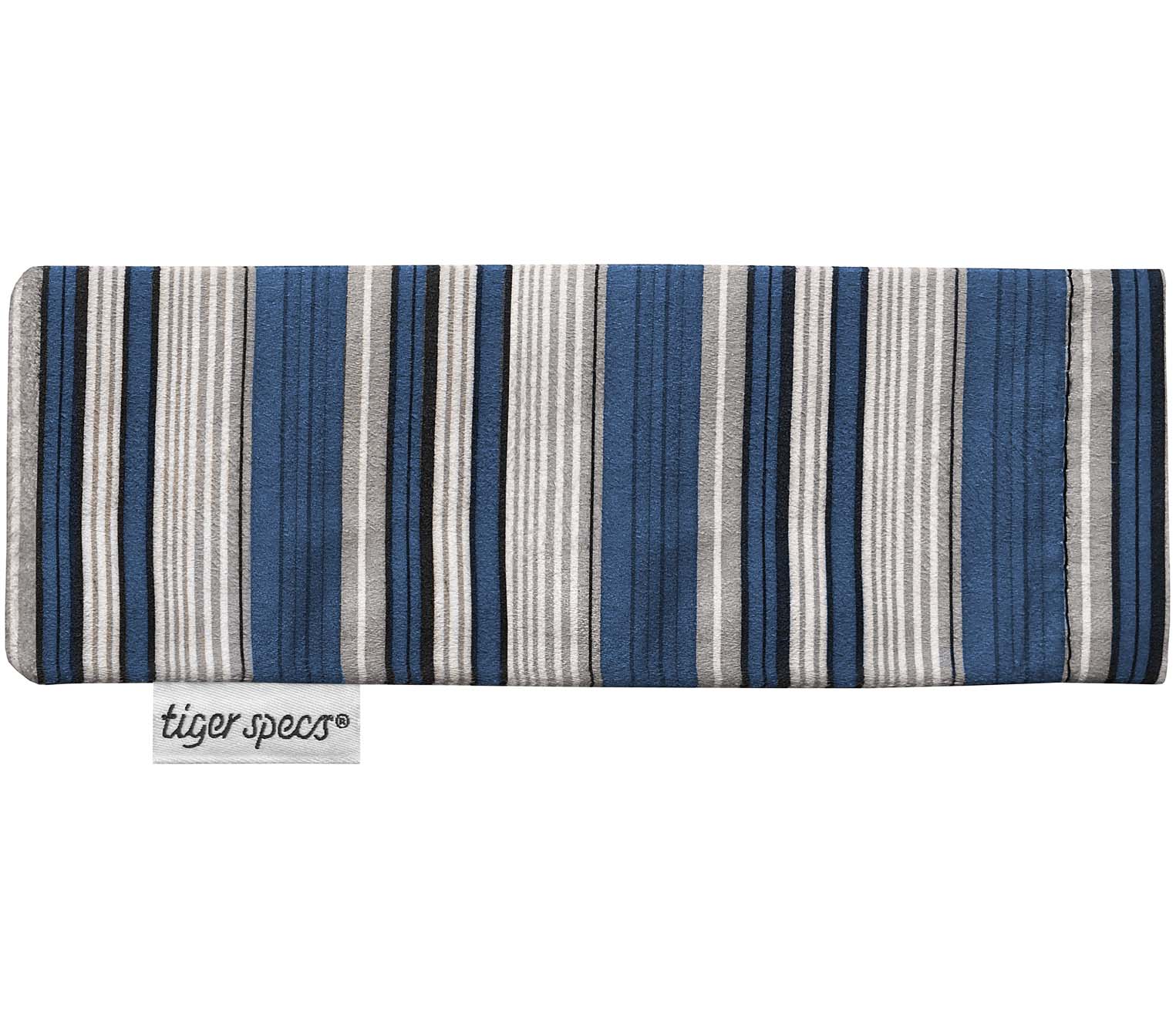 Blue, black and grey soft glasses case with Tiger Specs branding.