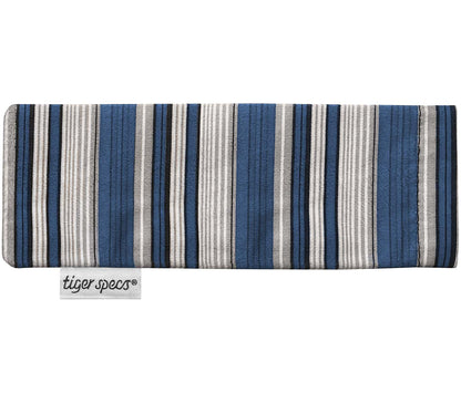 Blue, black and grey soft glasses case with Tiger Specs branding.