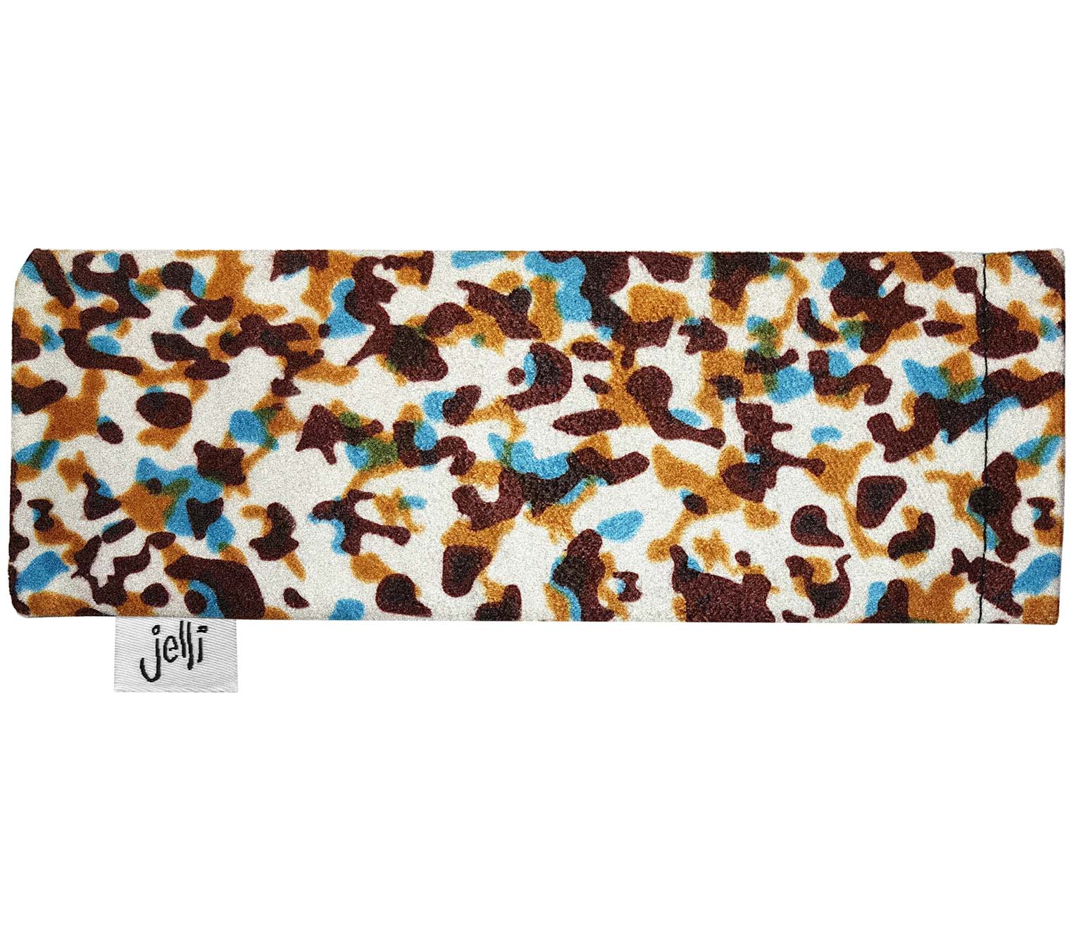 Multicoloured animal print soft glasses case with Jelli branding.