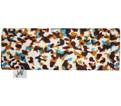 Multicoloured animal print soft glasses case with Jelli branding.
