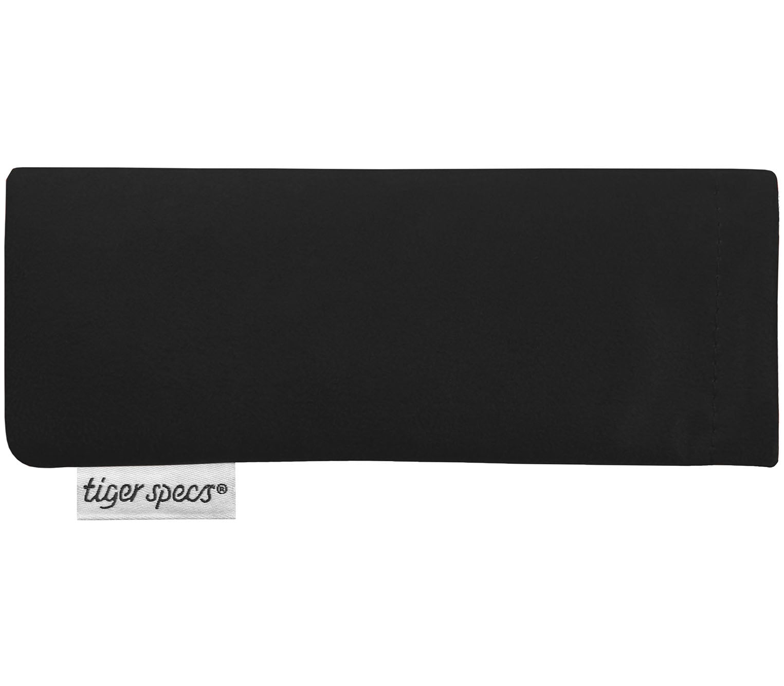 Soft black glasses pouch with Tiger Specs branding.