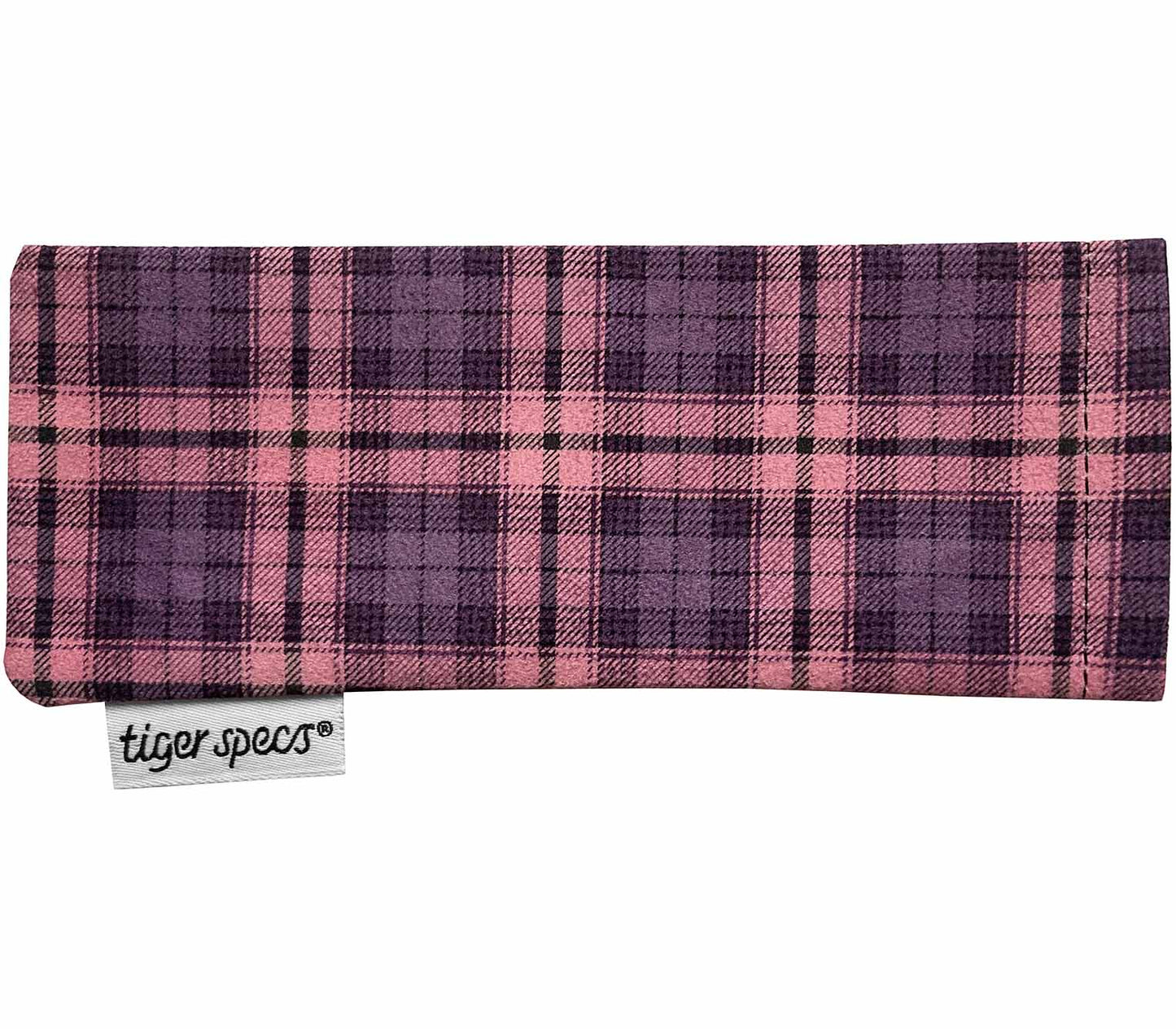 Tartan patterned soft glasses pouch with Tiger Specs branding.