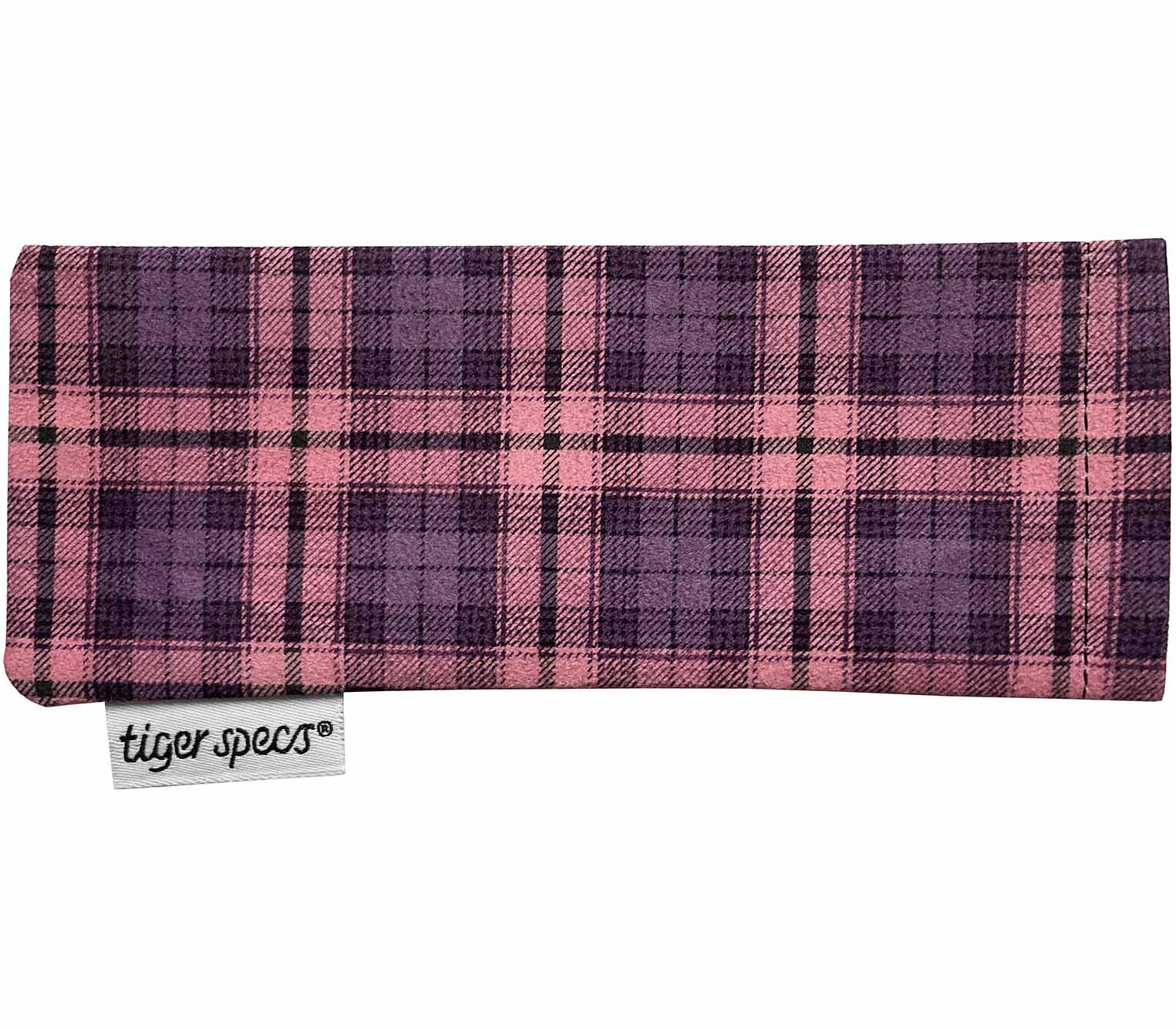 Tartan patterned soft glasses pouch with Tiger Specs branding.