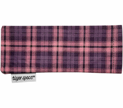 Tartan patterned soft glasses pouch with Tiger Specs branding.