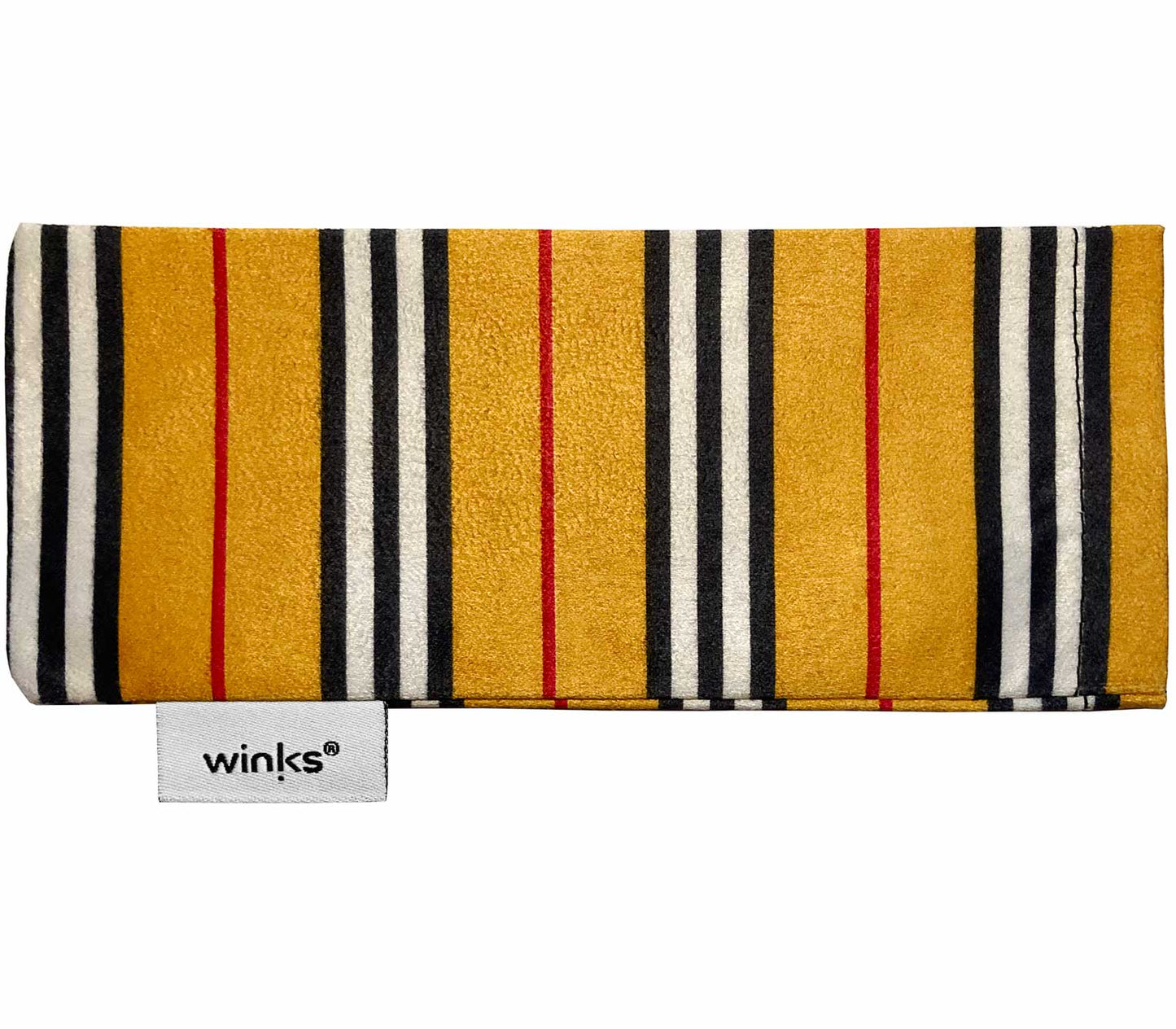 Light brown, black and red striped soft glasses pouch.