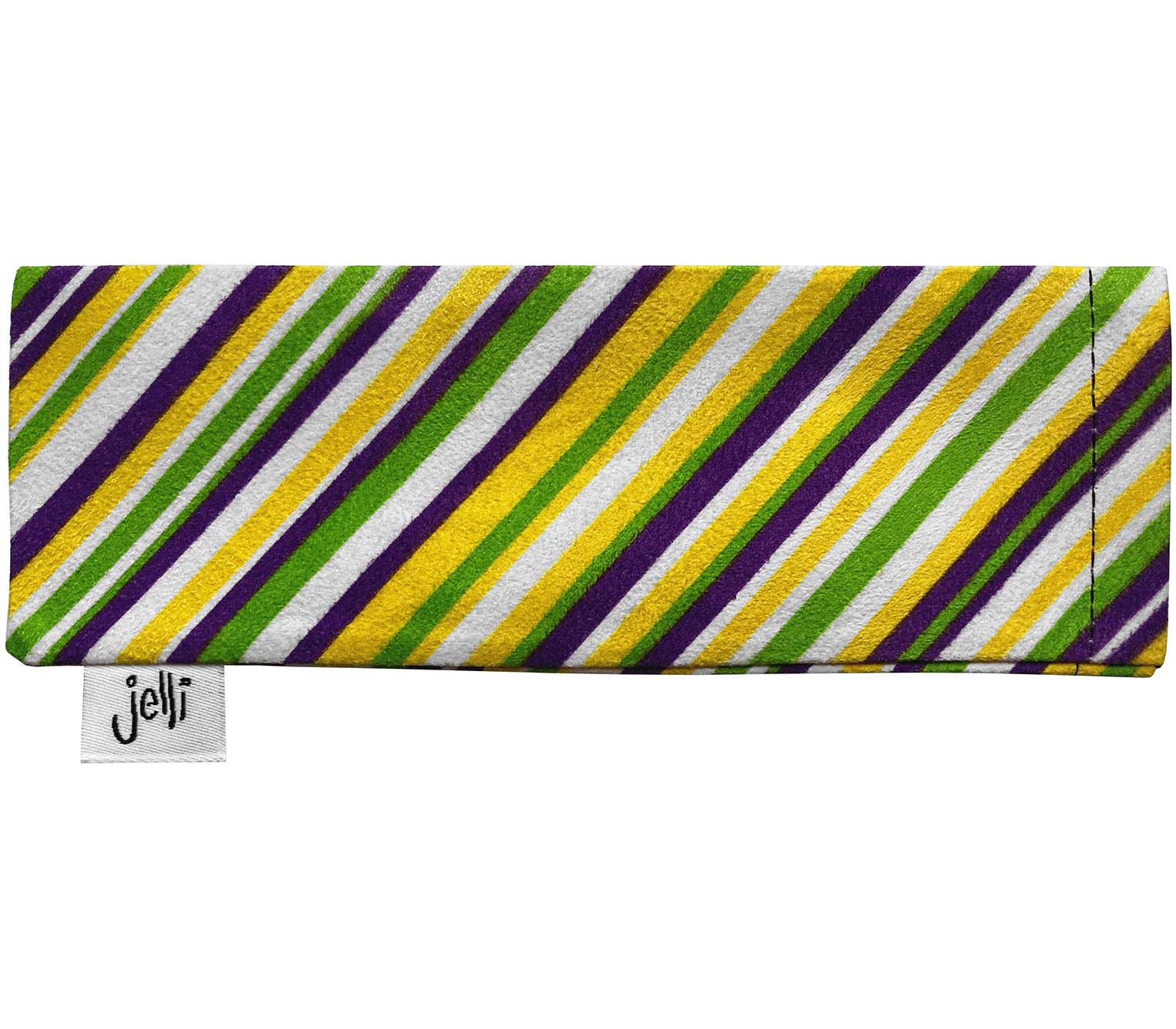 Purple, green and yellow striped soft glasses pouch with Jelli branding.