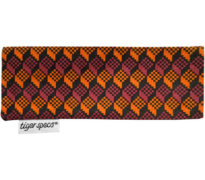 Orange and brown brick pattern soft glasses pouch with Tiger Specs branding.