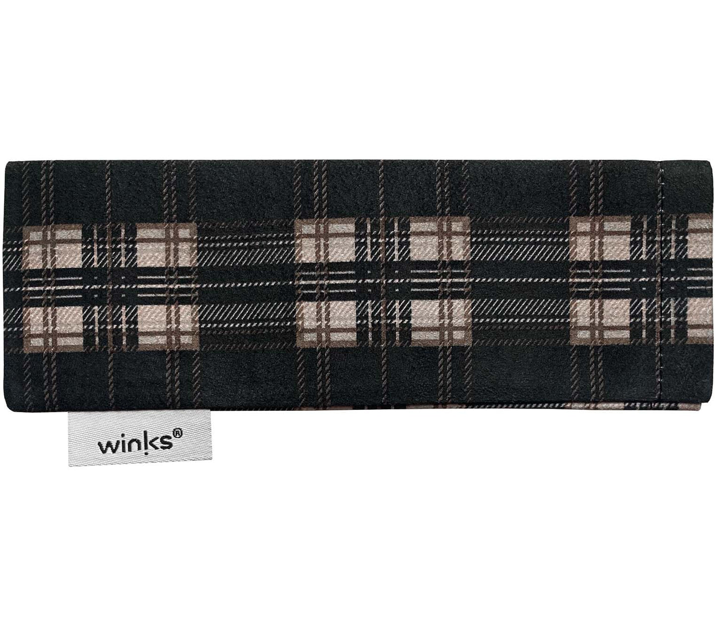 Black and brown check pattern soft glasses pouch for London Digital (Black) blue light reading glasses.