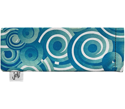 Soft glasses pouch with swirl pattern and Jelli branding.