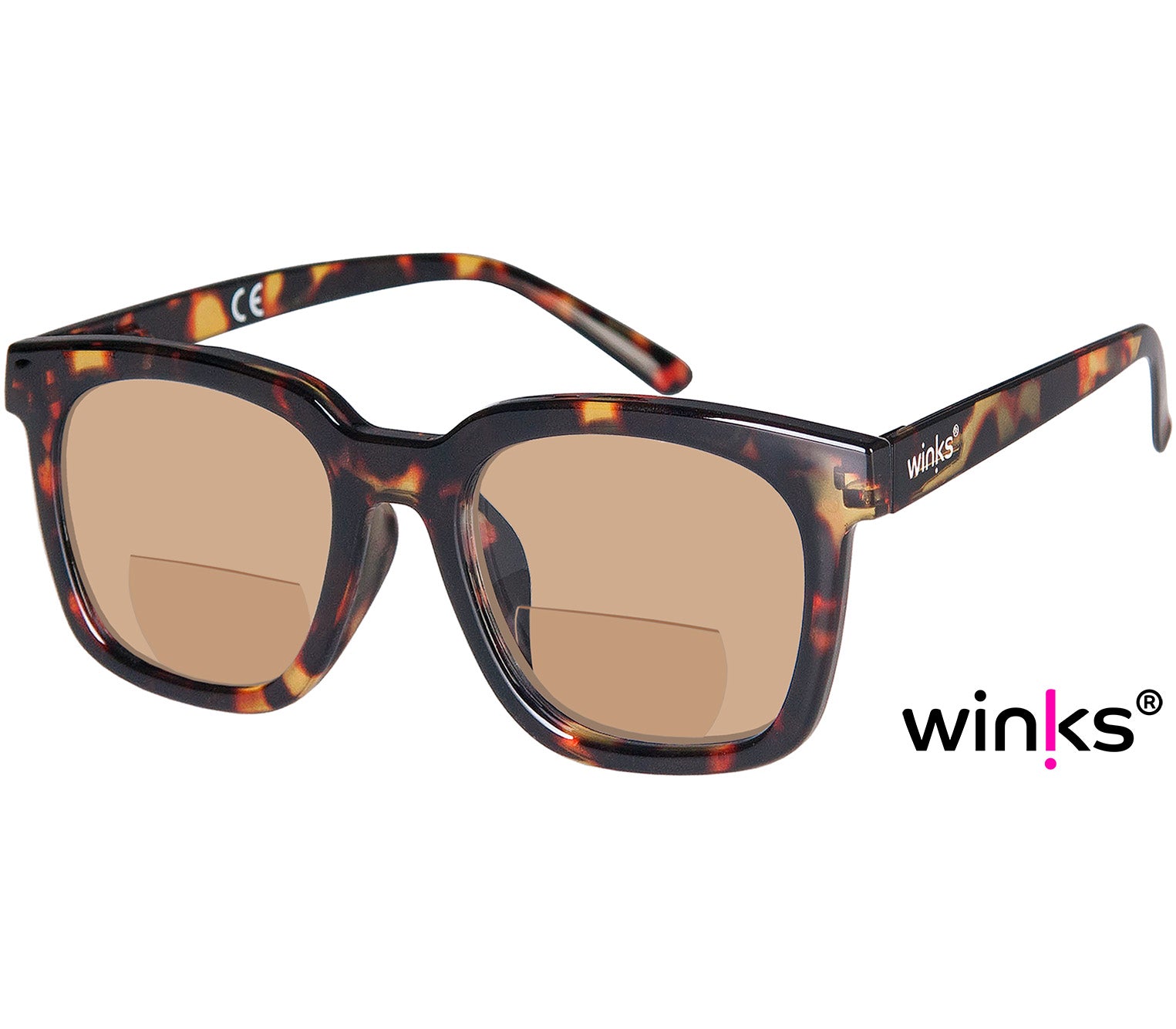Pisa (Tortoiseshell) large, oversized retro style, bifocal reading sunglasses. Deep tortoiseshell frame and tinted brown lenses.