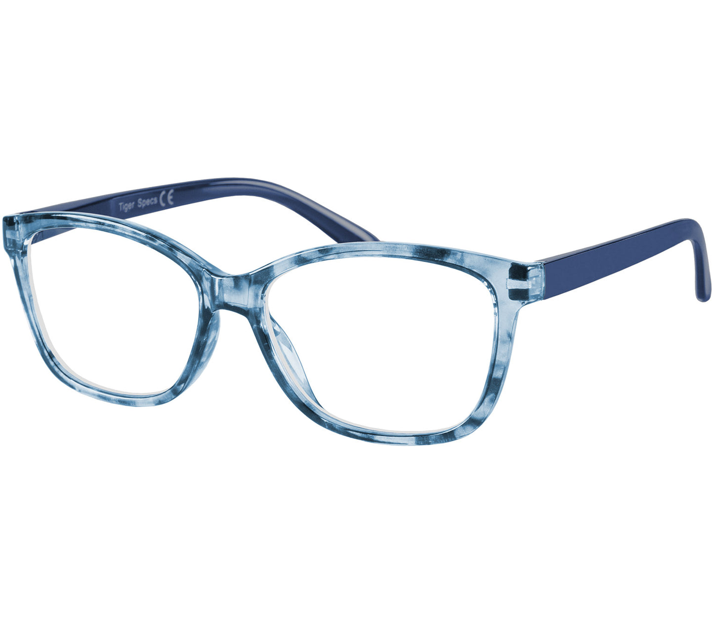 Courtney (Blue) women's cat eye shaped reading glasses with translucent blue frames.