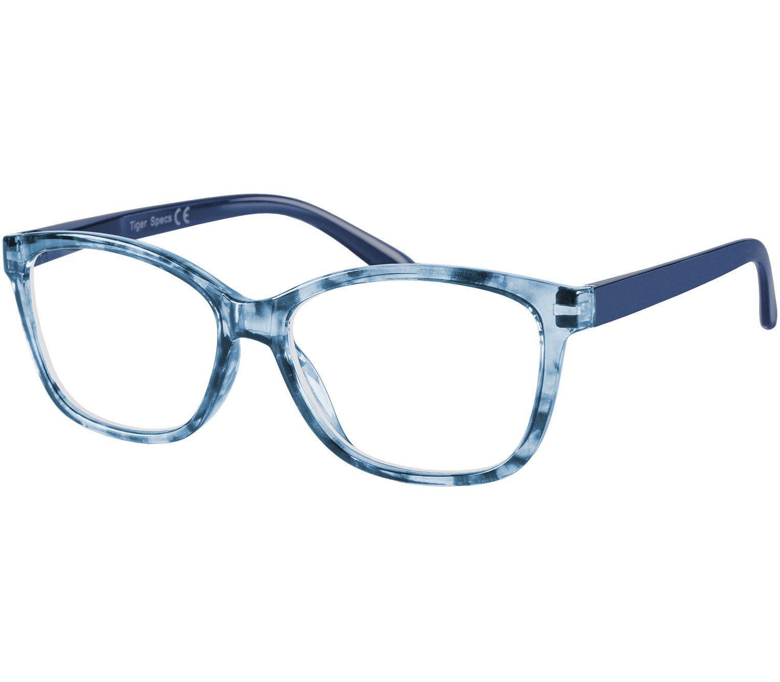 Courtney (Blue) women's cat eye shaped reading glasses with translucent blue frames.