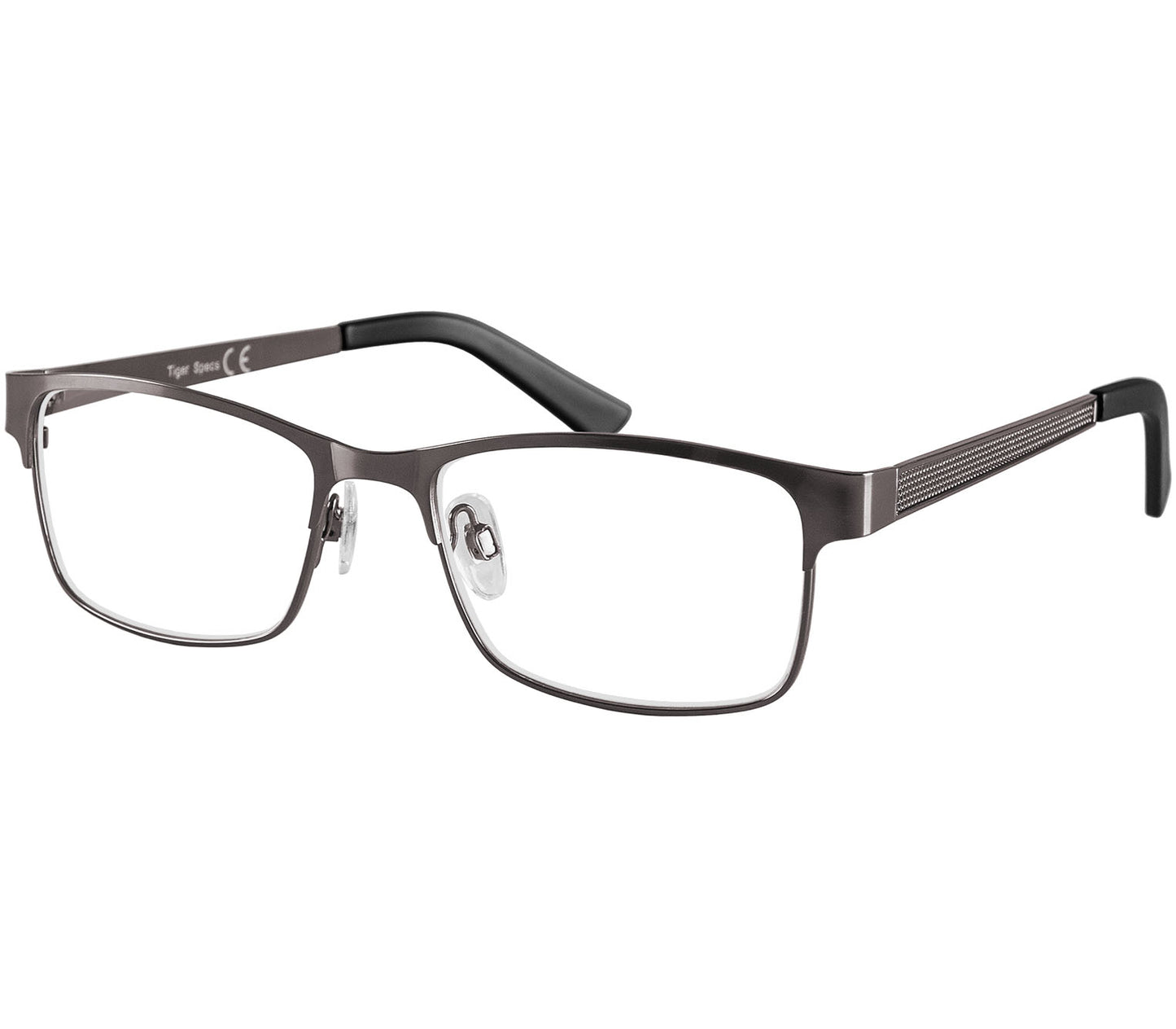 Washington (Gunmetal) rectangular classic gunmetal reading glasses. Slender frames and adjustable nose pads.