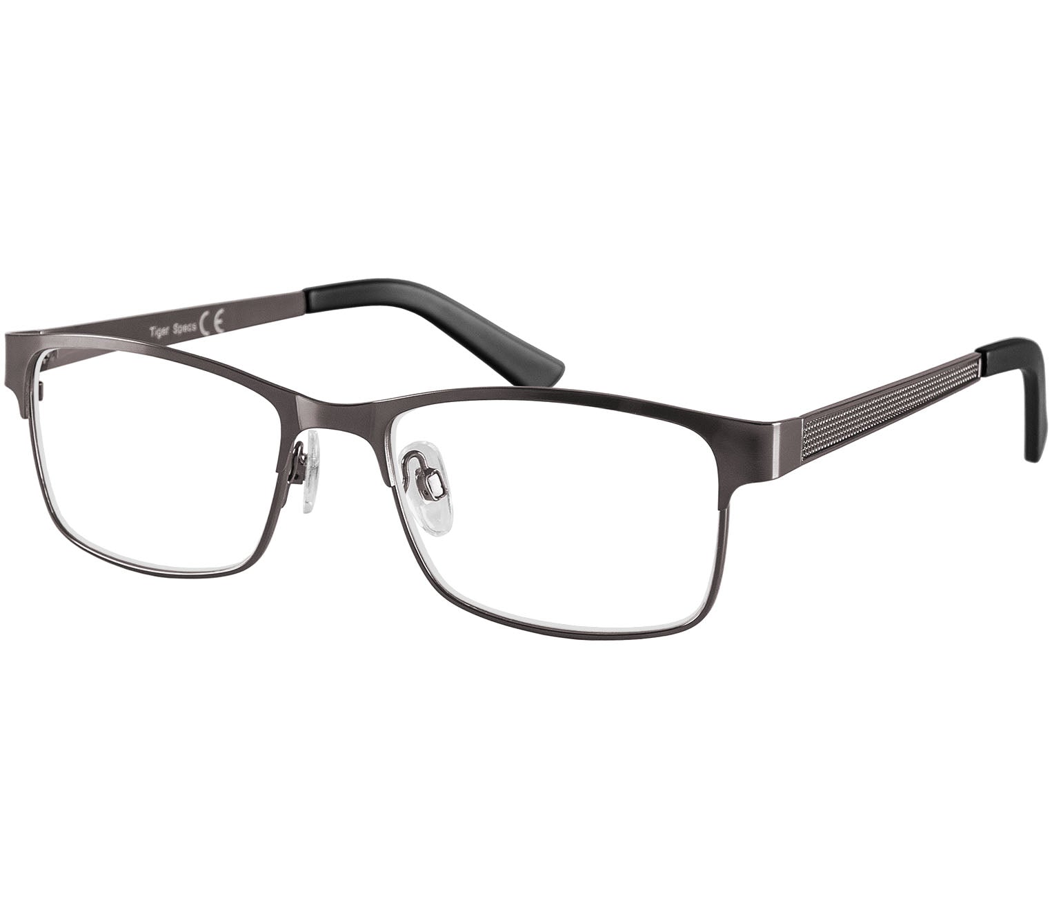 Washington (Gunmetal) rectangular classic gunmetal reading glasses. Slender frames and adjustable nose pads.