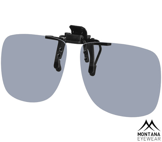 Shady (Black) unisex wayfarer style clip on sunglasses with smoke grey tinted lenses.