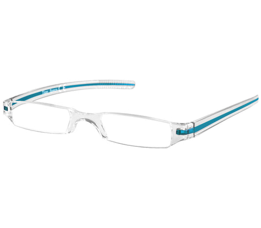 Soda (Blue) sleek, compact and ultra lightweight reading glasses with clear frames and blue detailed temples.