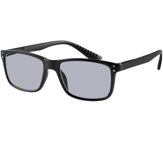 Lucca (Black) classic unisex reading glasses with a matt black frame and grey tinted lenses.