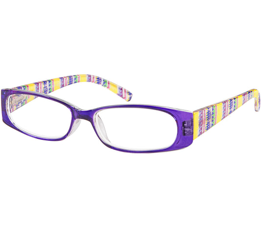 Aztec (Purple) reading glasses with aztec patterned arms and purple frame.